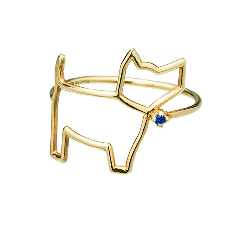 Little dog shaped ring with a blue sapphire