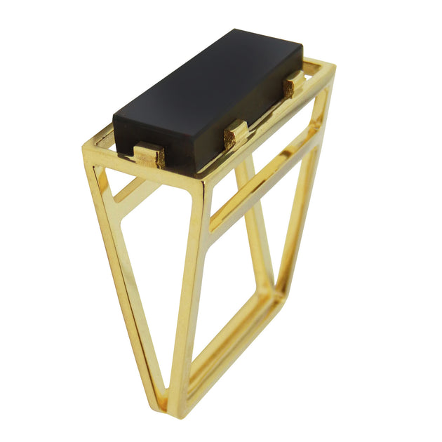 Gold square ring with black agate stone