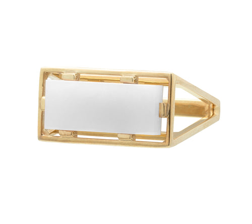Gold square ring with white agate stone