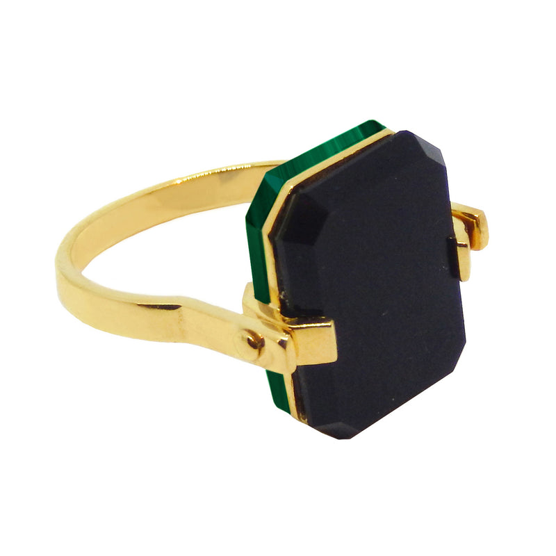 Gold ring with black agate and malachite stones