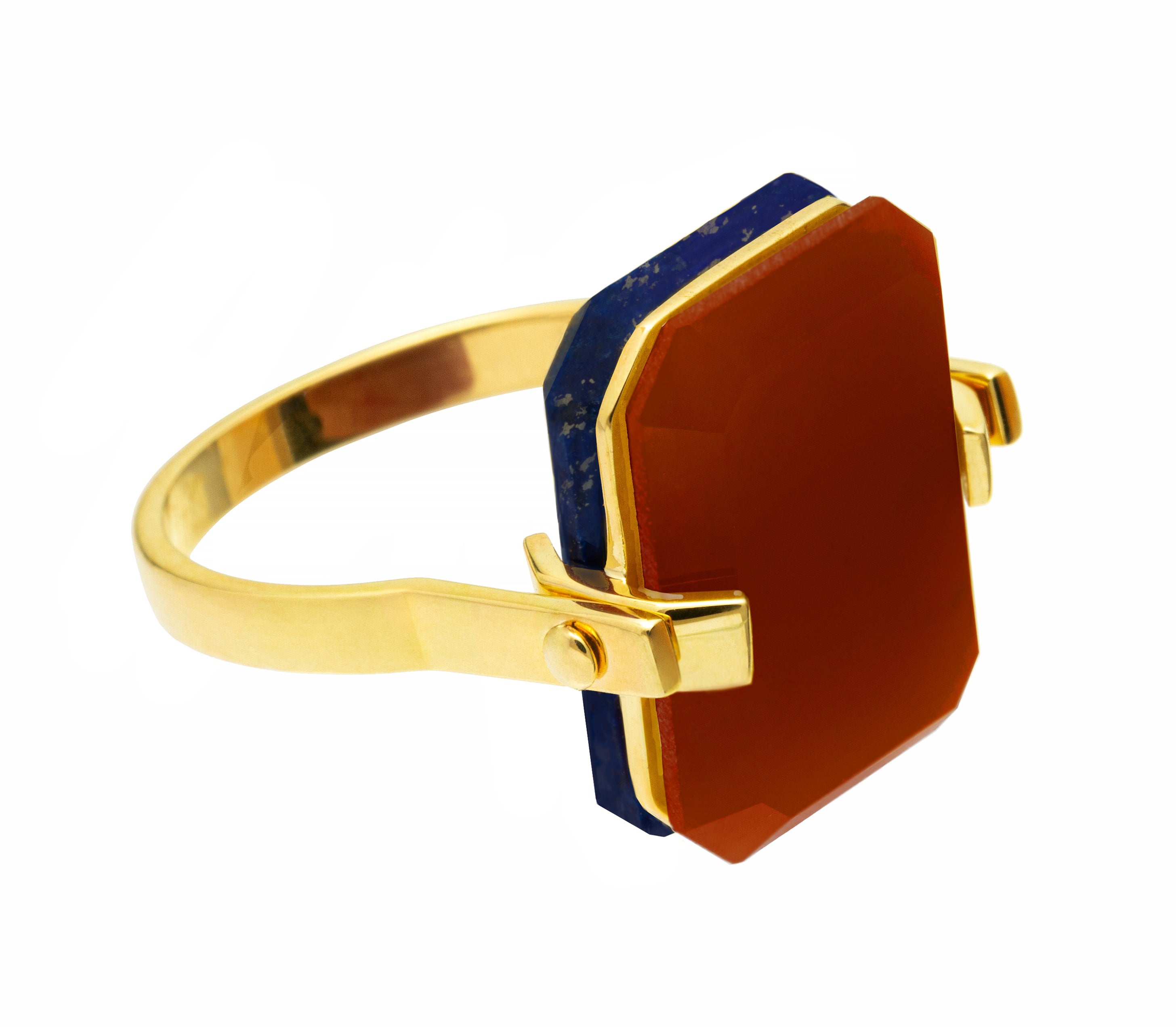 Gold turning ring with lapis lazuli and carnelian stones