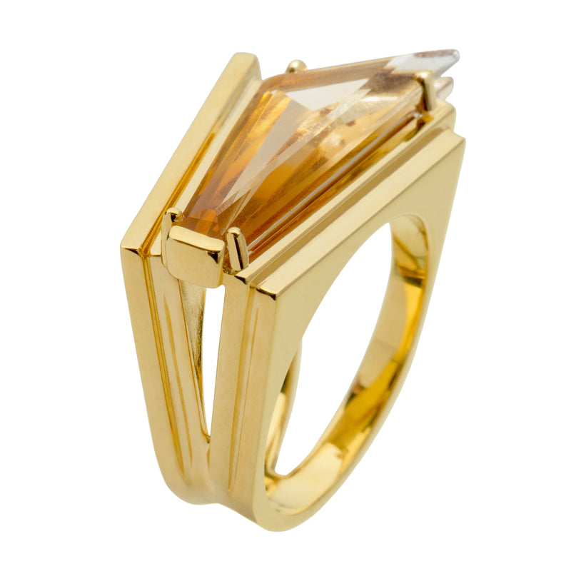 Gold ring with triangular cut citrine stone