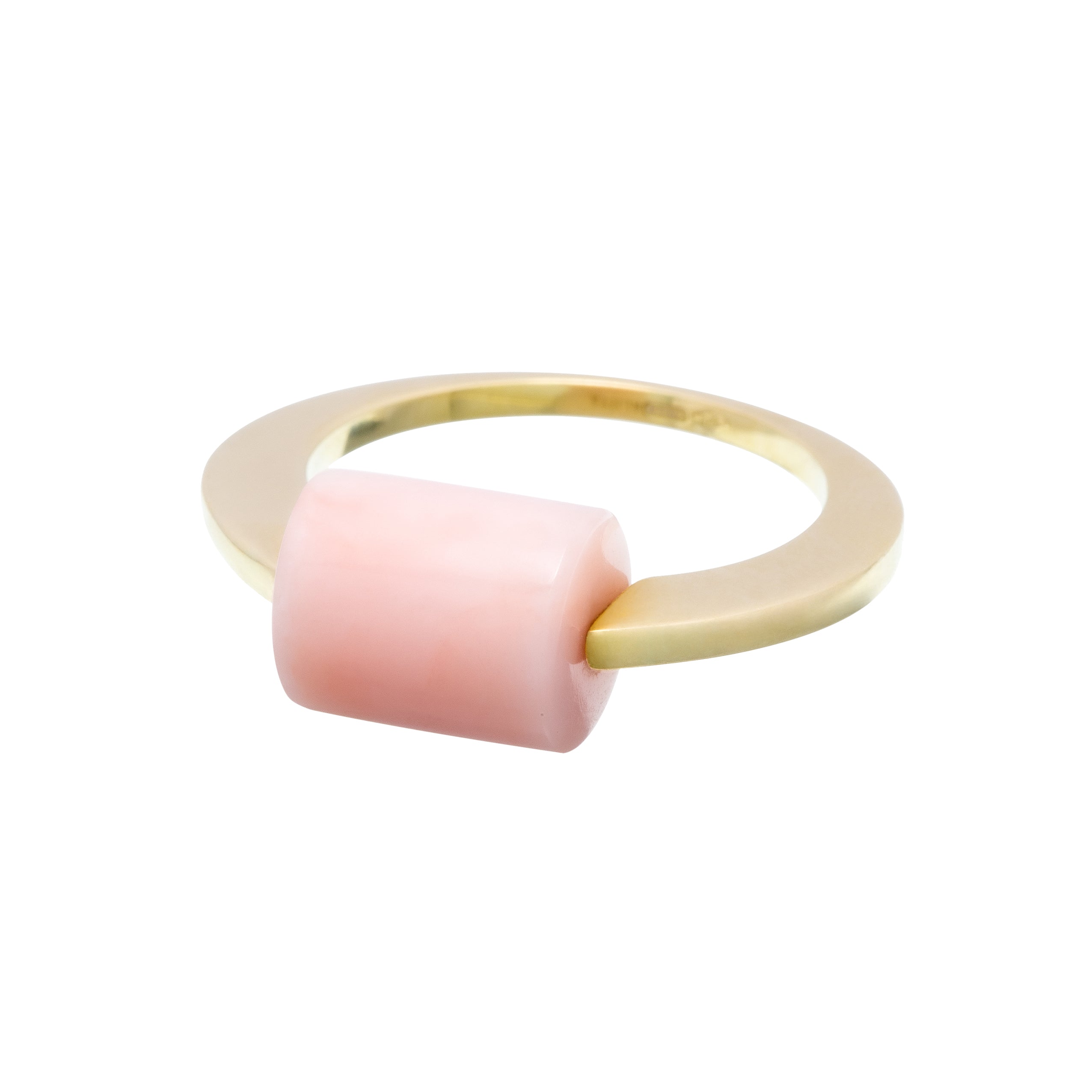 Gold ring with cylinder cut pink opal stone
