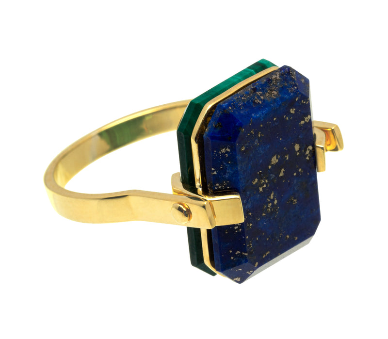 Gold ring with lapis lazuli and malachite stones