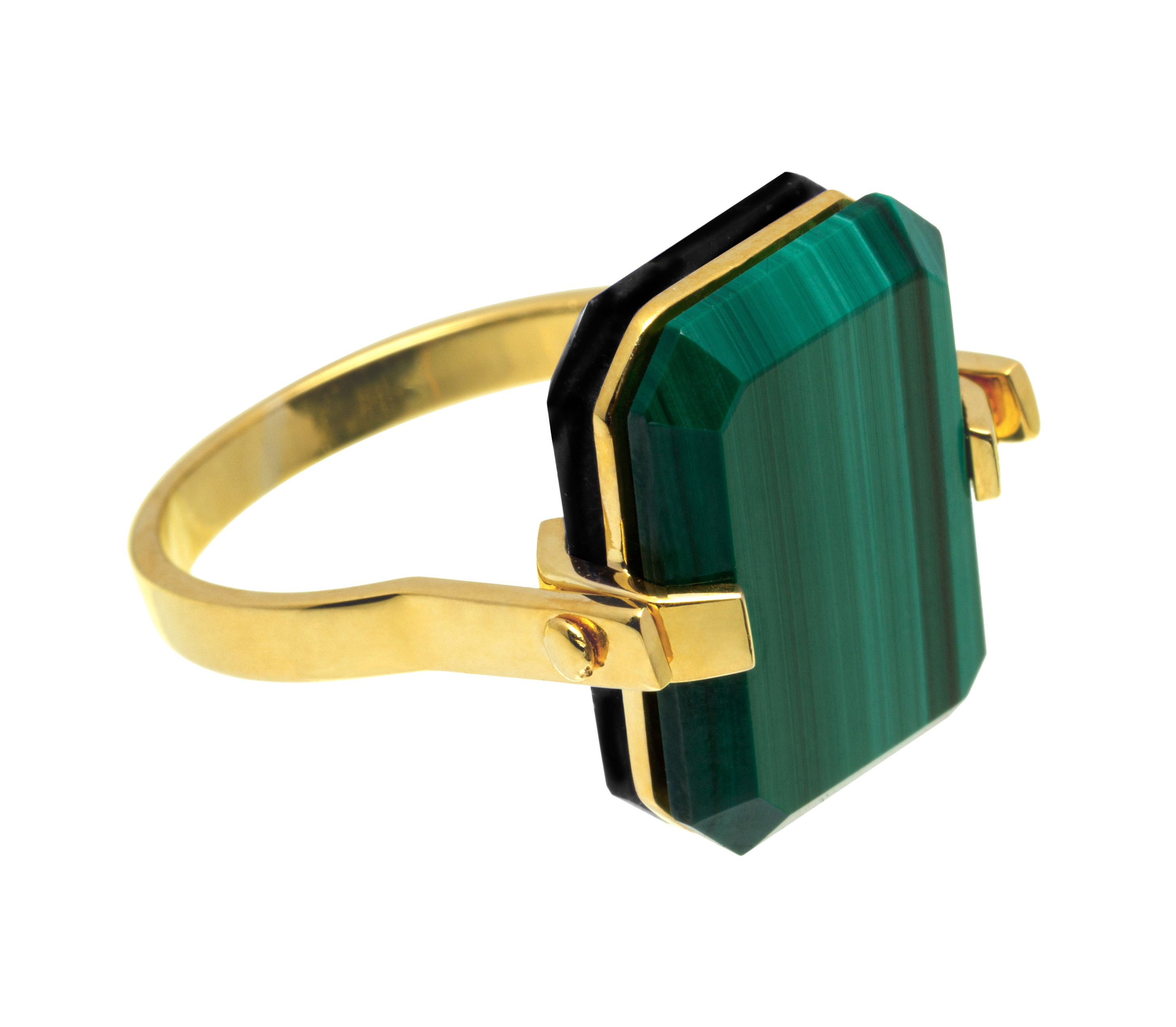 Gold ring with malachite and black agate stones