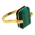 Gold ring with malachite and black agate stones