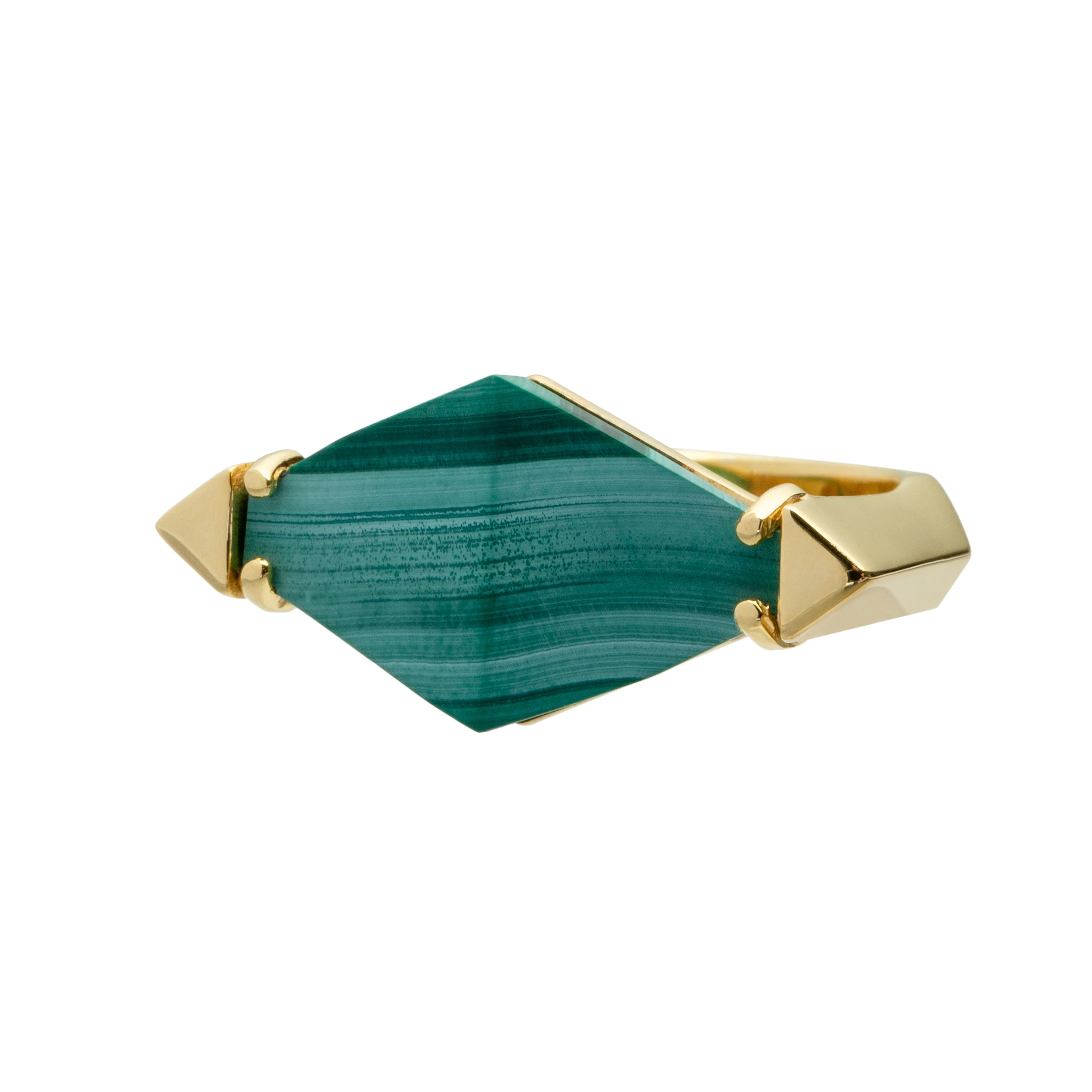 Gold ring with malchite stone front view