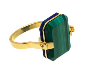 Gold ring with malachite and lapis lazuli stones