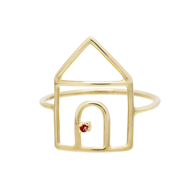 House shaped gold ring with small ruby