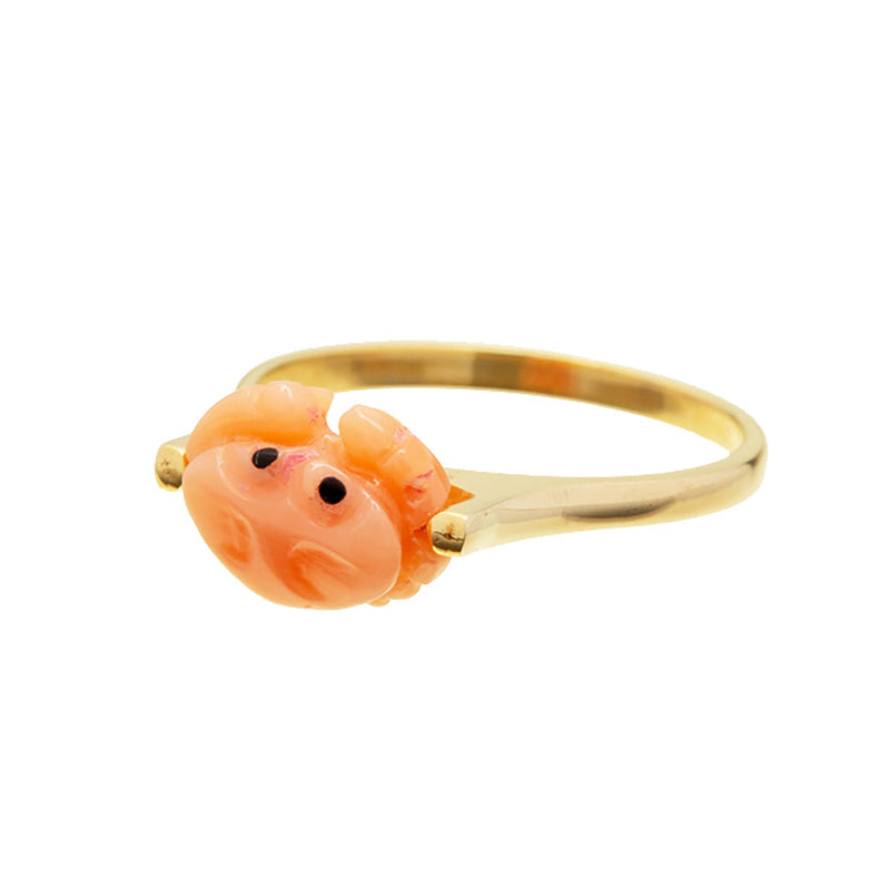 Gold ring with mini pink crab shaped coral
