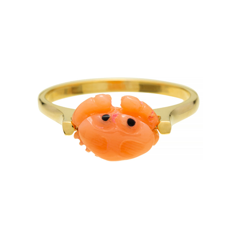 Gold ring with mini pink crab shaped coral. front view