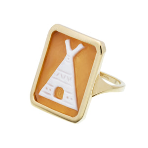 Gold ring with a hand-carved cameo tepee on shell 