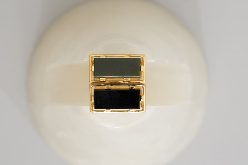 Gold square rings with black agate and jasper stones