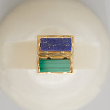 Gold square rings with lapis lazuli and malachite stones