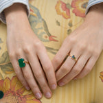 Hands wearing gold rings with precious stones