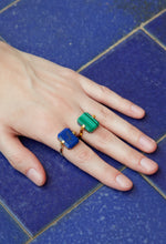 Load image into Gallery viewer, Gold rings with lapis lazuli and malachite on model&#39;s hand
