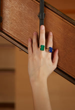 Load image into Gallery viewer, Gold rings with lapis lazuli and malachite on woman&#39;s hand

