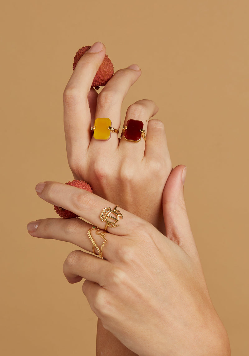 Hands wearing gold rings with precious stones, carnelian, jade