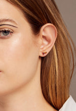 Load image into Gallery viewer, Gold earrings pair with baguette cut citrine and pink tourmaline worn by woman
