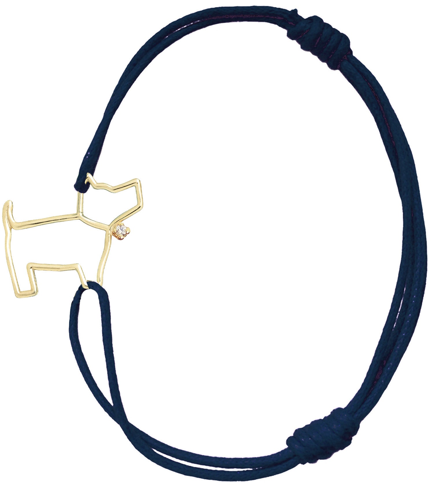 Midnight blue cord bracelet with gold dog shaped pendant and small diamond